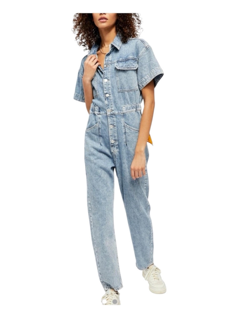 Free People We The Free Denim Jumpsuit Short Sleeve Coverall Blue Large L